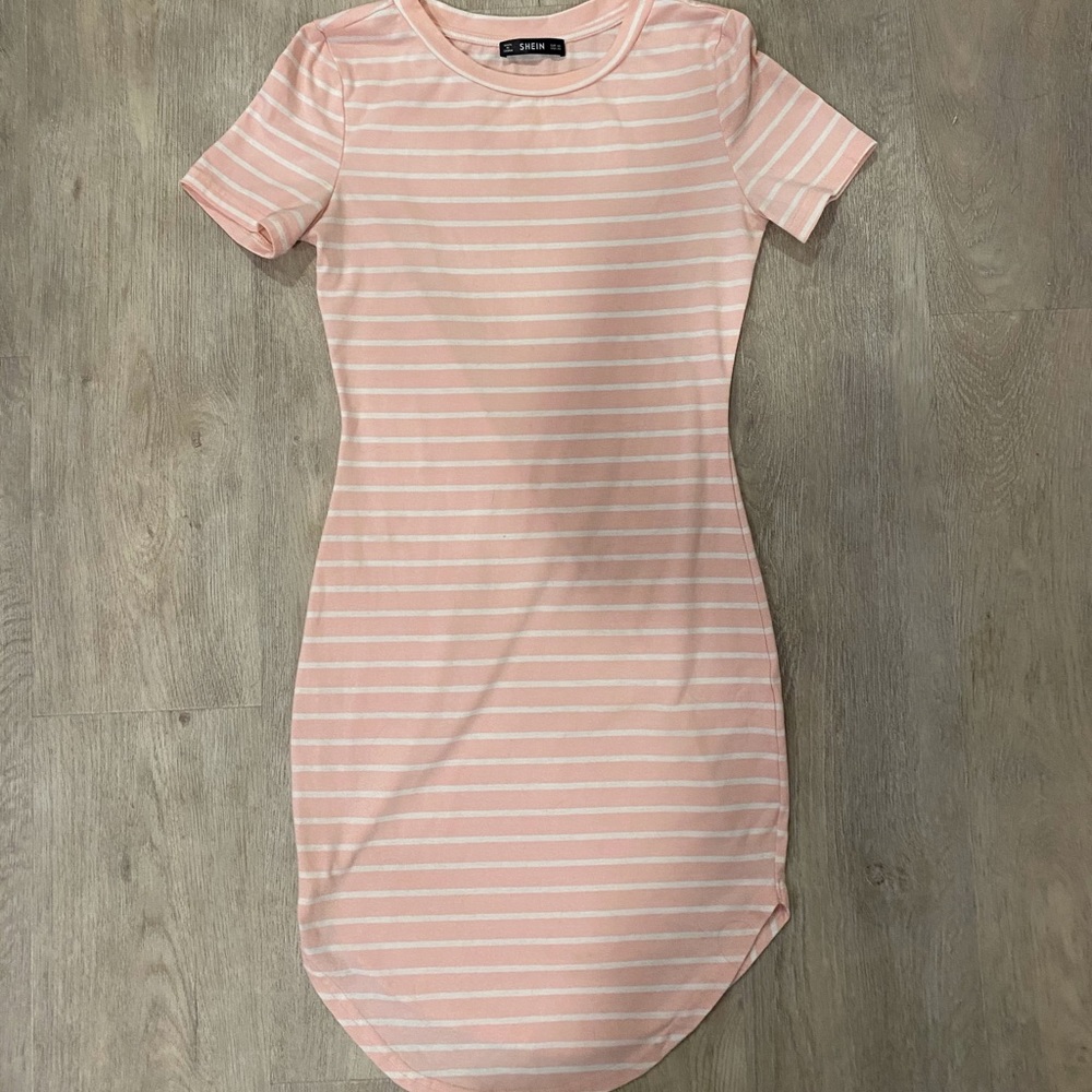 Pink & White Striped Short Sleeved TShirt Dress